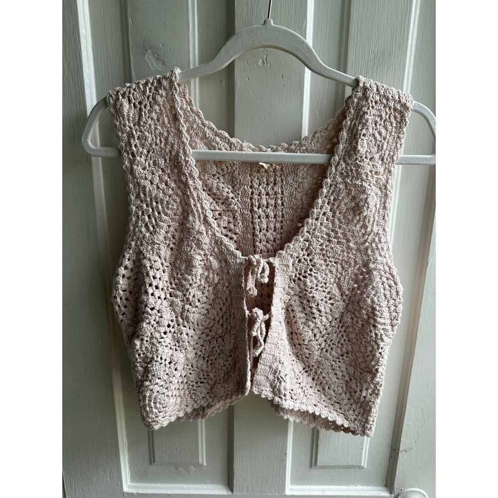 Lucky Brand Boho Crochet Tie-Front Cardigan Sweater Vest Pink Cotton Size M - Picture 2 of 9